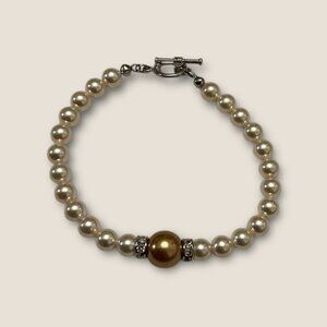 7.5" Faux Pearl Bracelet With Rhinestones & Gold Accent Bead Elegant Jewelry